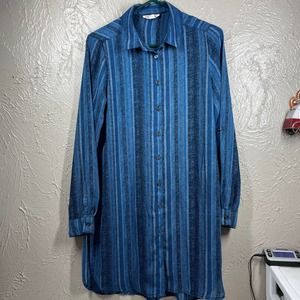 Westport Blue Long Sleeve Button Up Chevron Striped Tunic Blouse Womens Sz XS